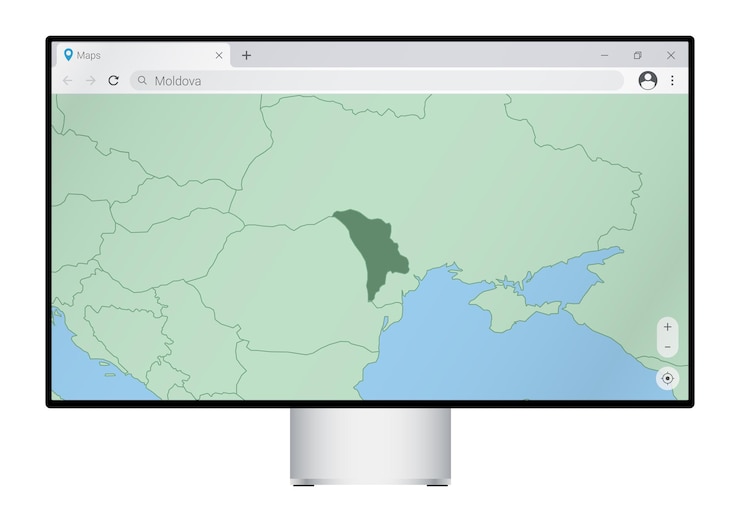 Vector monitor de computadora con mapa de moldavia en el navegador, busque el país de moldavia en el programa de mapas web.