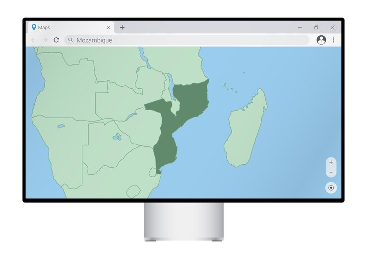 Vector monitor de computadora con mapa de mozambique en el navegador, busque el país de mozambique en el programa de mapeo web.
