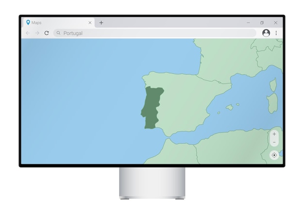 Monitor de computadora con mapa de Portugal en el navegador, busque el país de Portugal en el programa de cartografía web.