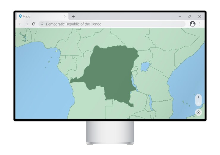 Vector monitor de computadora con mapa de la república democrática del congo en el navegador, busque el país de la república democrática del congo en el programa de mapas web.