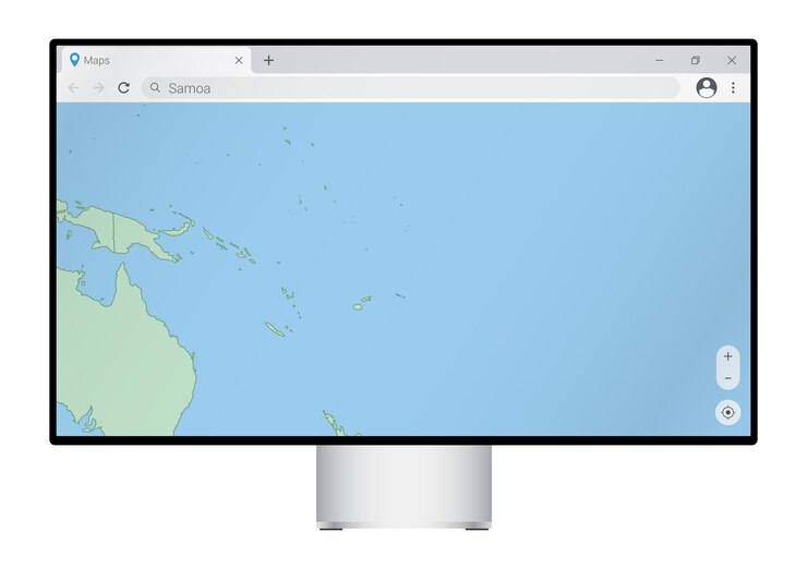 Vector monitor de computadora con mapa de samoa en la búsqueda del navegador para el país de samoa en el programa de mapeo web