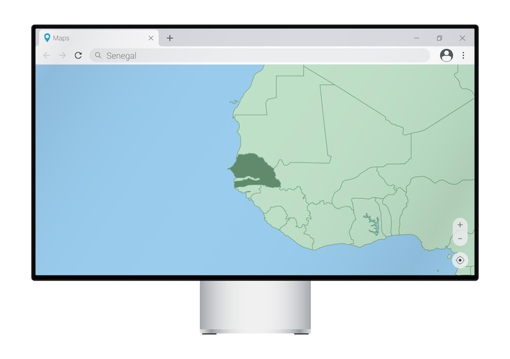 Vector monitor de computadora con mapa de senegal en el navegador, busque el país de senegal en el programa de mapeo web.