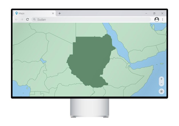 Monitor de computadora con mapa de Sudán en el navegador, busque el país de Sudán en el programa de mapas web.