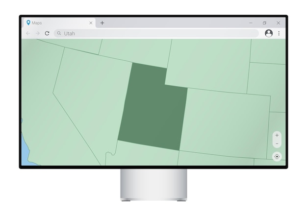 Vector monitor de computadora con mapa de utah en la búsqueda del navegador para el país de utah en el programa de mapeo web