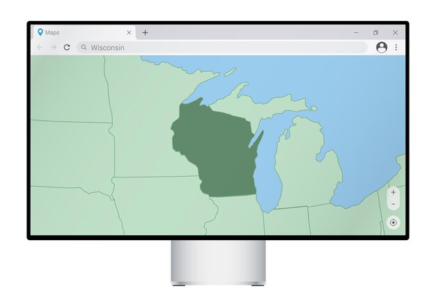 Monitor de computadora con mapa de wisconsin en la búsqueda del navegador para el país de wisconsin en el programa de mapeo web