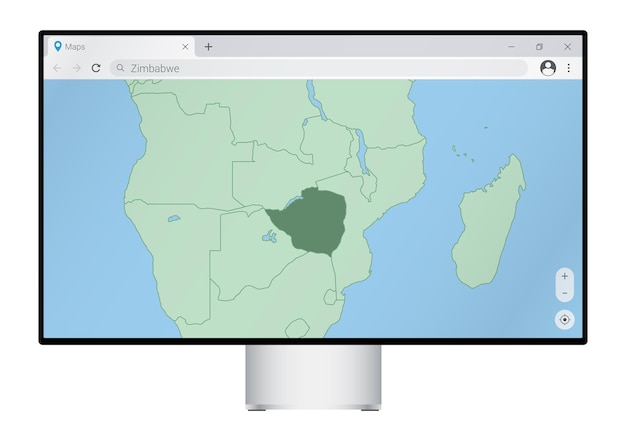 Monitor de computadora con mapa de zimbabue en el navegador, busque el país de zimbabue en el programa de mapas web.