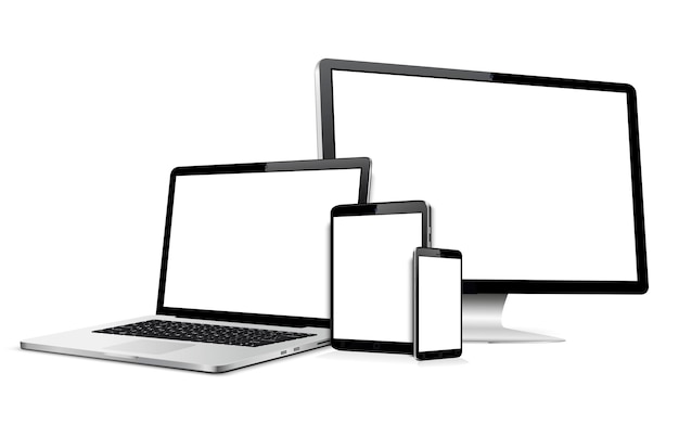 Monitor de computadora moderno portátil tableta digital y teléfono móvil con pantalla en blanco