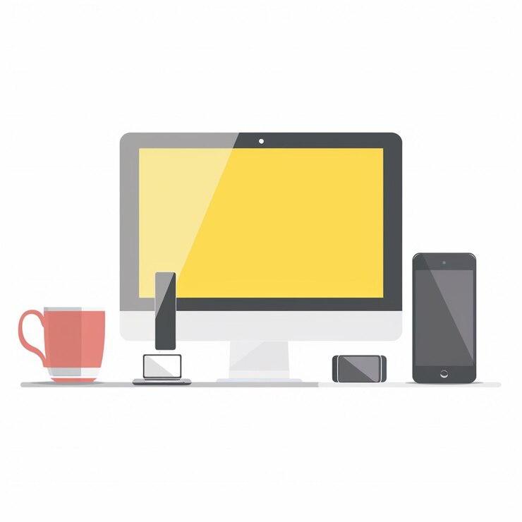 Vector un monitor de computadora con una pantalla amarilla y una taza de café en una mesa