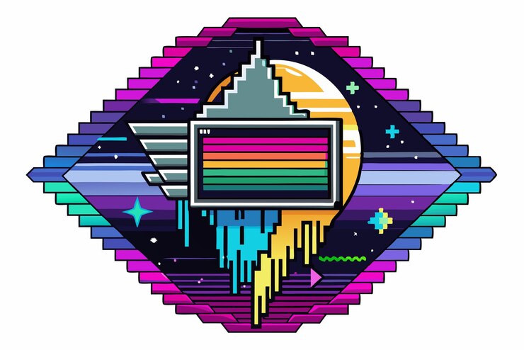 Vector monitor de computadora pixelado con estética retro de los años 80
