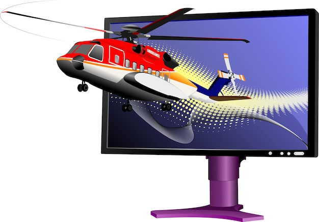 Monitor de computadora plano abstracto con helicóptero de ambulancia Mostrar ilustración 3d