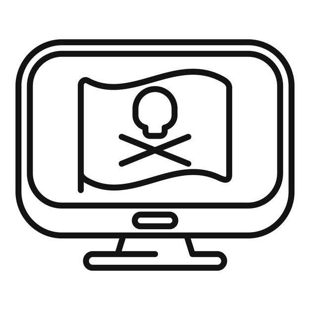 Un monitor de computadora que muestra una bandera pirata con cráneo y huesos cruzados para el concepto de seguridad cibernética