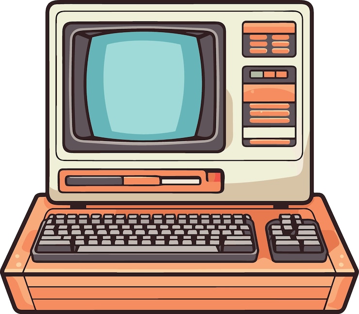 Vector monitor de computadora retro de dibujos animados con teclado retro vector ilustración kitsch vintage