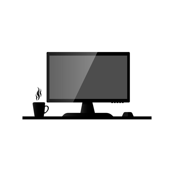 Vector monitor de computadora. una taza de café, té. de color negro. imagen vectorial