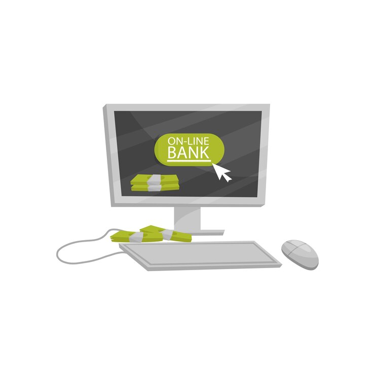 Vector monitor de computadora teclado ratón y dos paquetes de efectivo servicio de banca en línea tema financiero diseño de vectores de dibujos animados para carteles publicitarios ilustración plana colorida aislada sobre fondo blanco