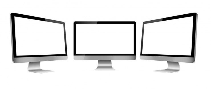 Vector monitor de computadora en tres vistas de frente y dos lados aislados en blanco