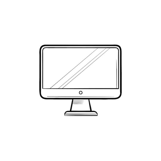 Monitor de contorno dibujado a mano doodle icono. Pantalla de computadora, PC y escritorio, concepto de equipo de oficina. Ilustración de dibujo vectorial para impresión, web, móvil e infografía sobre fondo blanco.