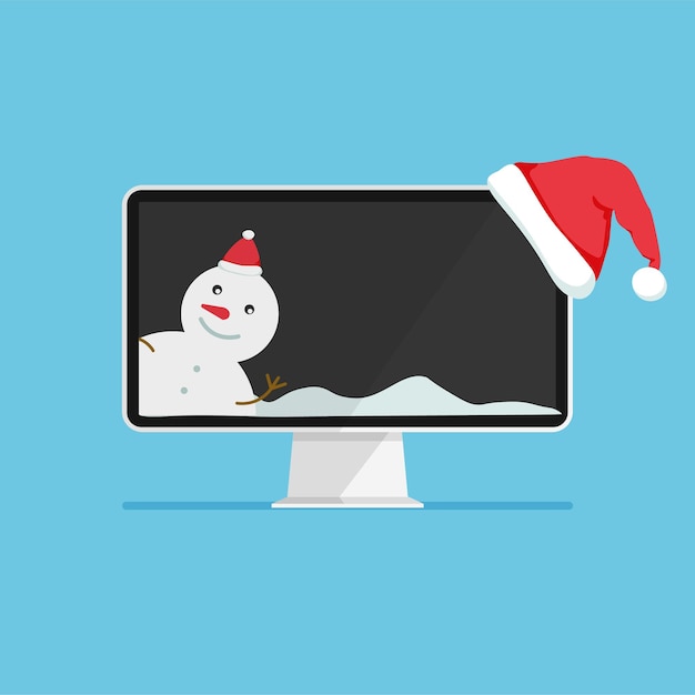 Monitor con gorro de papá noel muñeco de nieve en pantalla computadora como regalo para navidad y año nuevo