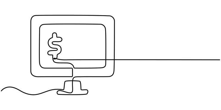 Vector monitor con icono de moneda continuo un dibujo de línea marketing en internet línea continua icono editable