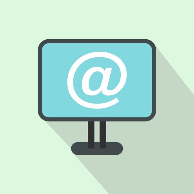 Monitor con icono de signo de correo electrónico en estilo plano sobre un fondo azul claro