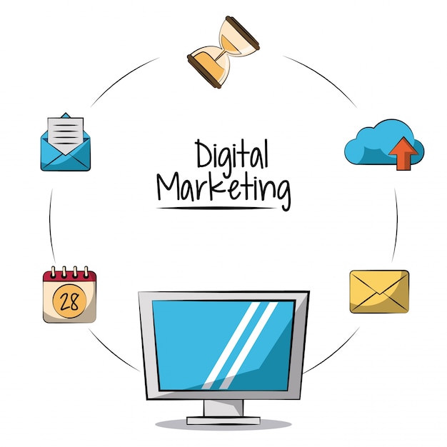 monitor lcd en primer plano y los iconos de marketing alrededor