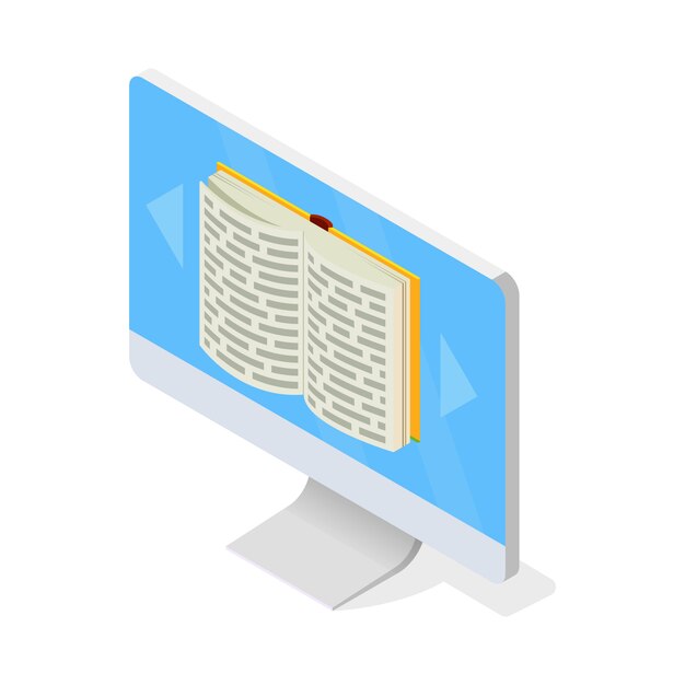 Monitor con libro abierto en pantalla. Acceso a la biblioteca de medios virtuales, educación a distancia utilizando tecnologías modernas, computadora, e-learning, concepto de almacenamiento de libros. isométrico en blanco.