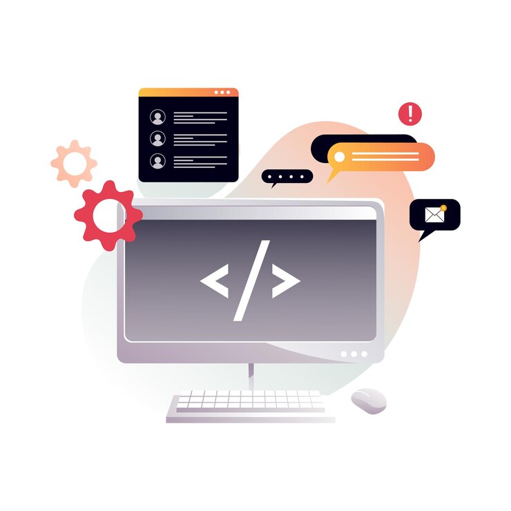 Vector monitor de lugar de trabajo del programador con código de programa ilustración vectorial aislada