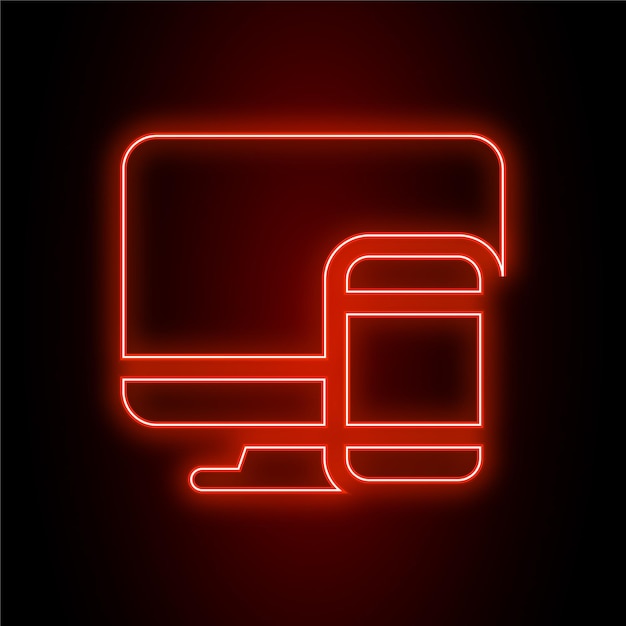 Monitor de neón rojo de alto impacto e icono móvil con fondo oscuro