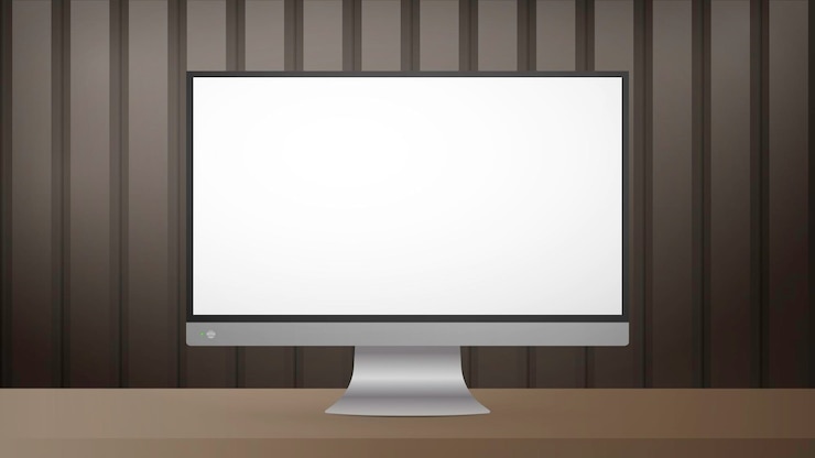 Vector un monitor con una pantalla blanca se encuentra sobre una mesa. fondo de cartel realista marrón rayado con metal o madera brillante. vector realista.