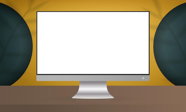 Monitor con una pantalla blanca habitación amarilla con fondo de diseño y estante vacío espacio de fondo de estudio amarillo con sombras de hojas vector estilo realista