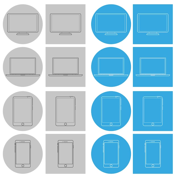 Monitor de pantalla de iconos, computadora portátil, tableta, teléfono, gris y azul.