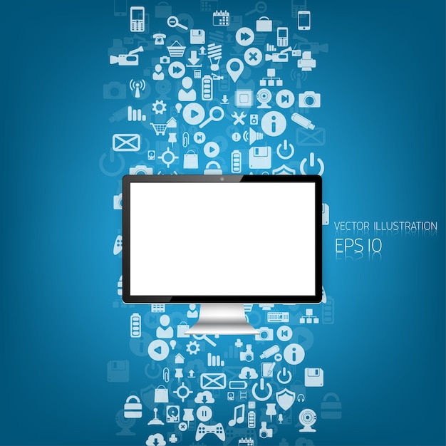 Monitor plano realista y detallado con iconos de aplicaciones