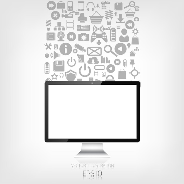 Monitor plano realista y detallado con iconos de aplicaciones