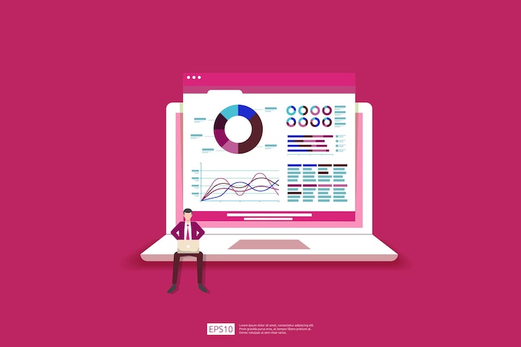 Vector monitoreo y análisis de informes, estadísticas, sitio web de inversión, pantalla seo, monitor de pc con gente pequeña, concepto de gente de negocios y ilustración de gráfico de información de base de datos del mercado de valores