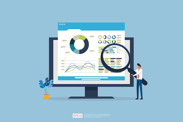Monitoreo y análisis de informes, estadísticas, sitio web de inversión, pantalla SEO, monitor de PC con gente pequeña, concepto de gente de negocios y ilustración de gráfico de información de base de datos del mercado de valores