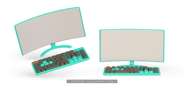 Monitoreo de computadora 3D realista y teclado en estilo de dibujos animados Concepto de equipo de computadora Vector