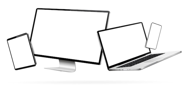 Monitoreo de computadora portátil, tablet PC y teléfono móvil mientras levita en el aire sobre un fondo blanco