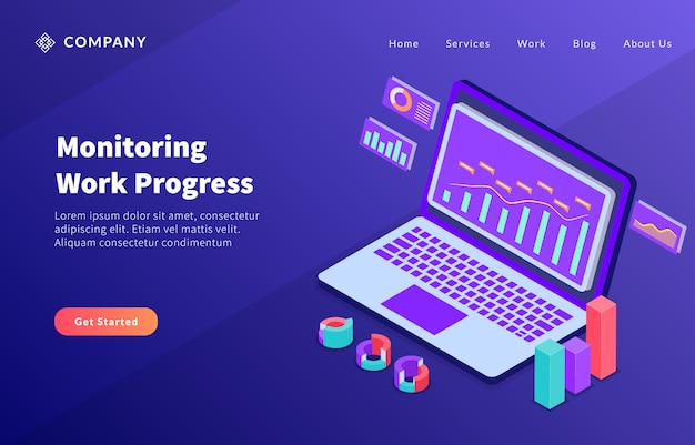 Vector monitoreo del concepto de progreso del trabajo en línea con computadora y resumen del informe de análisis de datos