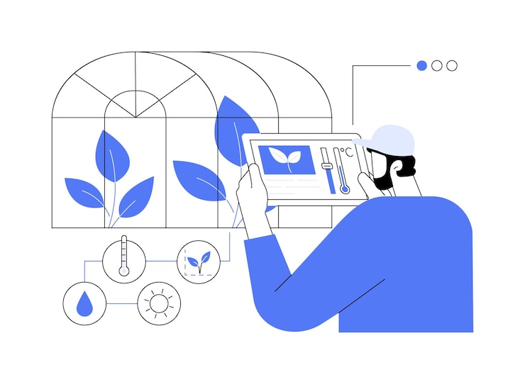 Vector monitoreo de cultivos ilustración vectorial de concepto abstracto agricultor que utiliza aparatos para monitorear los cambios de control de cultivos en la luz, la humedad, la temperatura, la forma y el tamaño metafora abstracta de agricultura inteligente