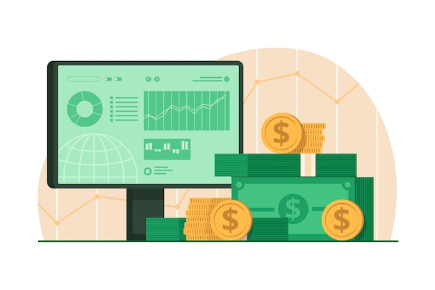 Monitoreo de dinero en efectivo y computadora con informe de gráfico de negociación para la ilustración del concepto de inversión en línea