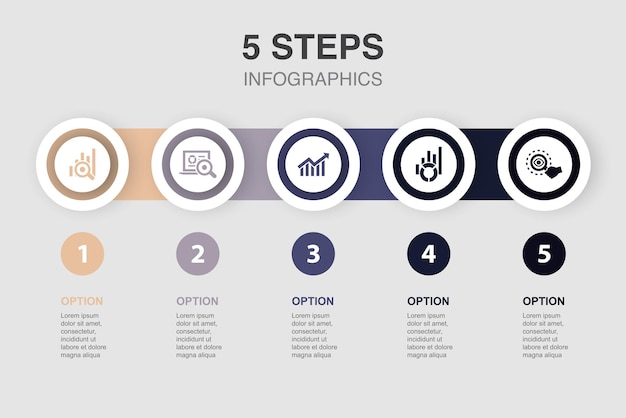 Monitoreo de investigación, estadísticas de tendencias, iconos de inspección, plantilla de diseño de diseño infográfico, concepto de presentación creativa con 5 pasos