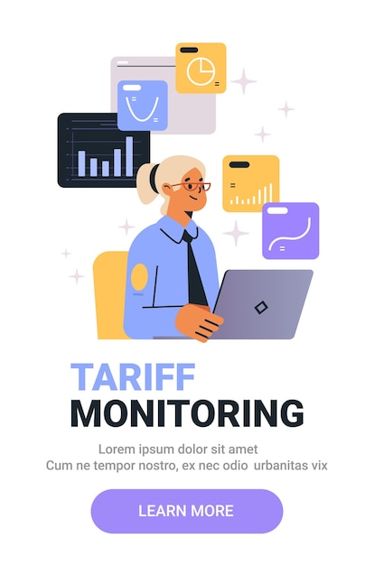 Monitoreo de tarifas mujer de negocios analizando datos gráficos gráficos en computadora portátil vestimenta profesional con