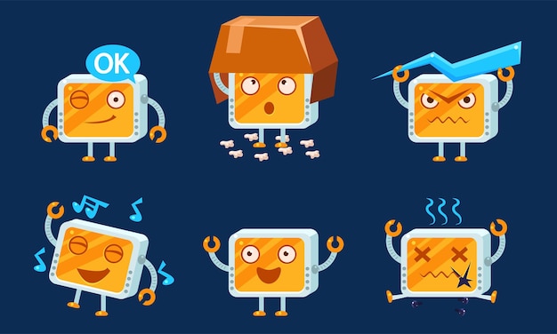 Monitores de computadora divertidos Conjunto de personajes Monobloc Emoji con varias emociones Ilustración vectorial de dibujos animados