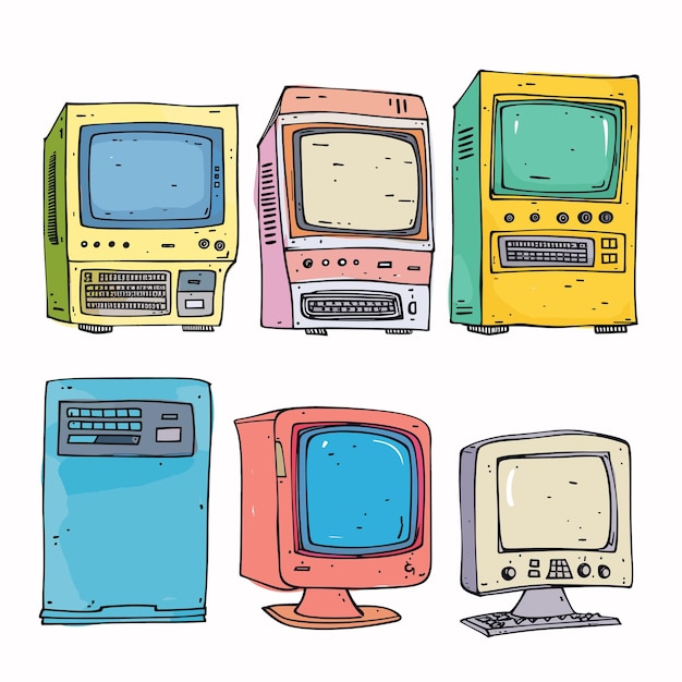 Monitores de computadoras retro de estilo dibujado de dibujos animados de colores computadoras personales antiguas
