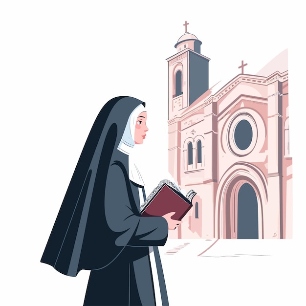 La monja con la Biblia está cerca de la catedral.