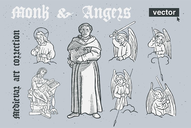 Vector monje y ángeles ilustración de estilo de grabado vectorial arte medieval con caligrafía negra
