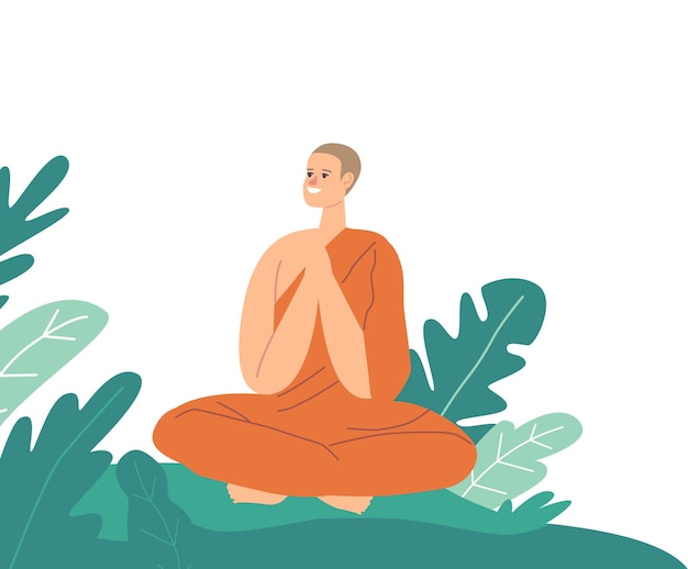 Monje budista sentado en postura de loto vistiendo túnica naranja rezando o meditando al aire libre. meditación de carácter budista, estilo de vida religioso, monje asiático rezando. ilustración de vector de gente de dibujos animados