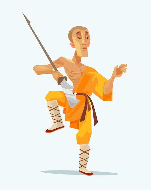 Monje Shaolin guerrero personaje de hombre de pie en pose con arma, ilustración de dibujos animados plana