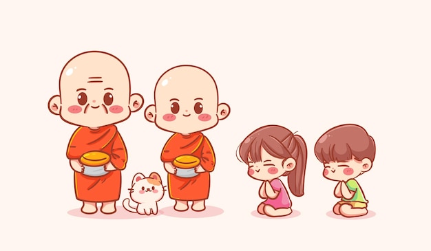 Monjes y niños dan limosna en la ceremonia Ilustración vectorial de dibujos animados