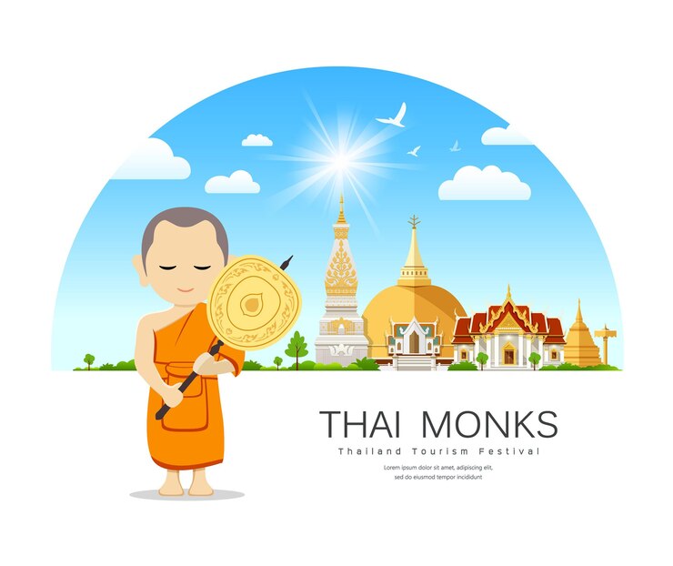 Vector los monjes tailandeses talipot abanico en la mano en tailandia lugar