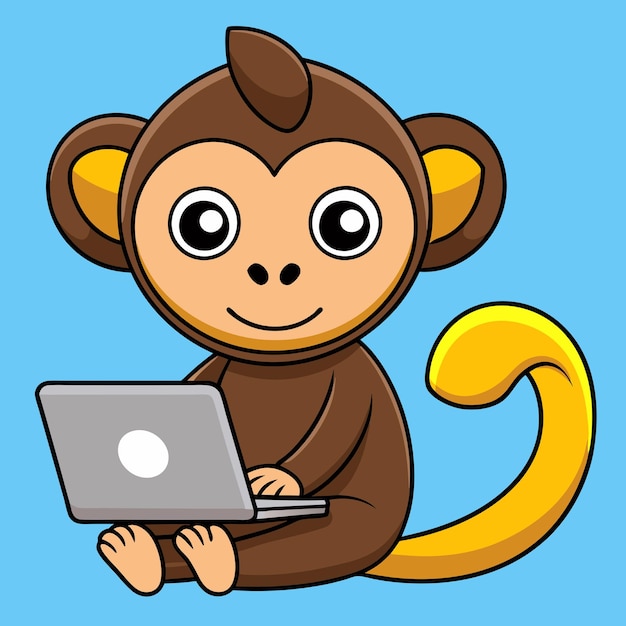 Monkey Cutie trabajando en la computadora portátil Iconos vectoriales de dibujos animados Ilustración Concepto de dibuyos animados planos Adequado para cualquier proyecto creativo